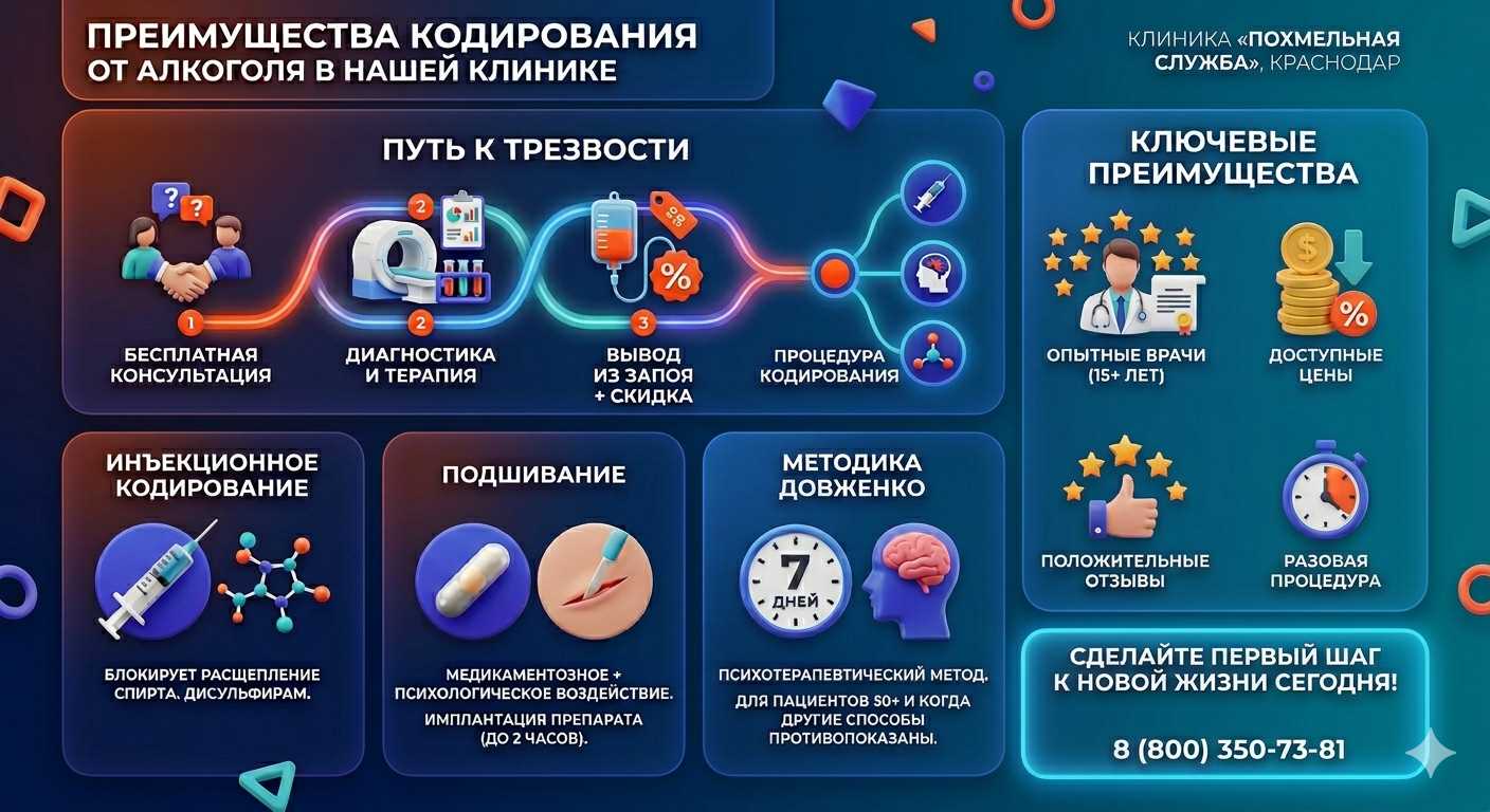 Инфографика о методах кодирования от алкоголя в Иваново: инъекции, подшивание, метод Довженко. Преимущества клиники и этапы лечения.